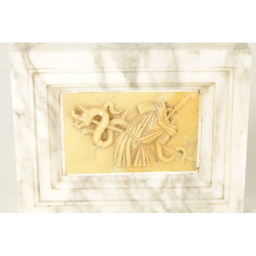 727 - A PAIR OF GRAND TOUR-STYLE WHITE AND SIENNA MARBLE PLAQUES decorated with Roman style armour (16.5cm... 