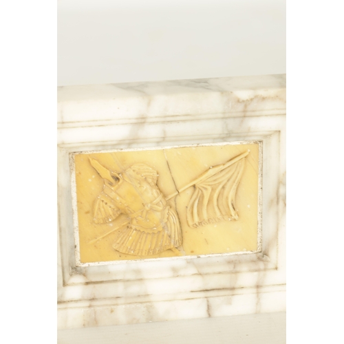 727 - A PAIR OF GRAND TOUR-STYLE WHITE AND SIENNA MARBLE PLAQUES decorated with Roman style armour (16.5cm... 