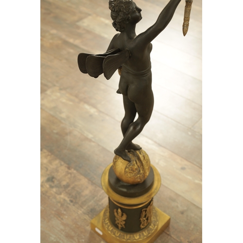 728 - A GOOD PAIR OF REGENCY STYLE BRONZE AND GILT BRONZE FIGURAL LAMP BASES of classical style with stand... 