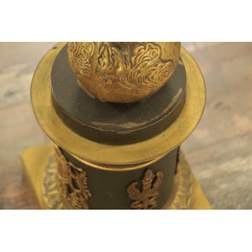 728 - A GOOD PAIR OF REGENCY STYLE BRONZE AND GILT BRONZE FIGURAL LAMP BASES of classical style with stand... 