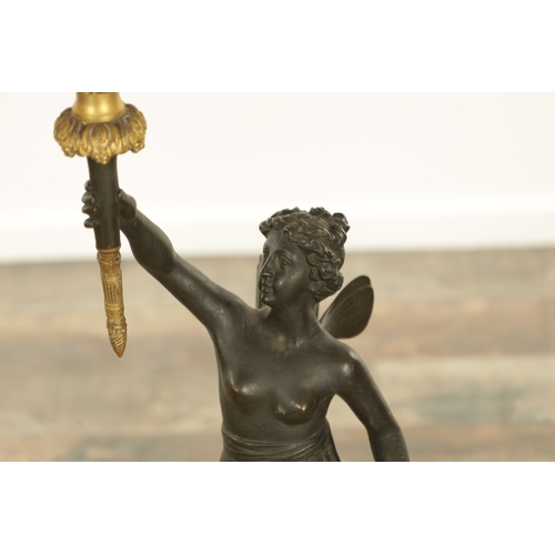 728 - A GOOD PAIR OF REGENCY STYLE BRONZE AND GILT BRONZE FIGURAL LAMP BASES of classical style with stand... 