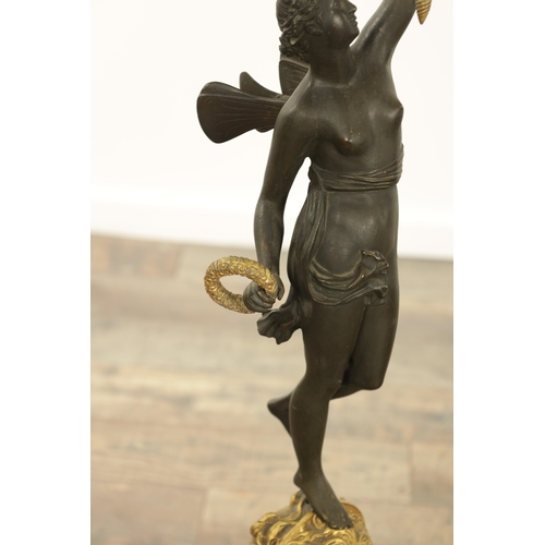 728 - A GOOD PAIR OF REGENCY STYLE BRONZE AND GILT BRONZE FIGURAL LAMP BASES of classical style with stand... 