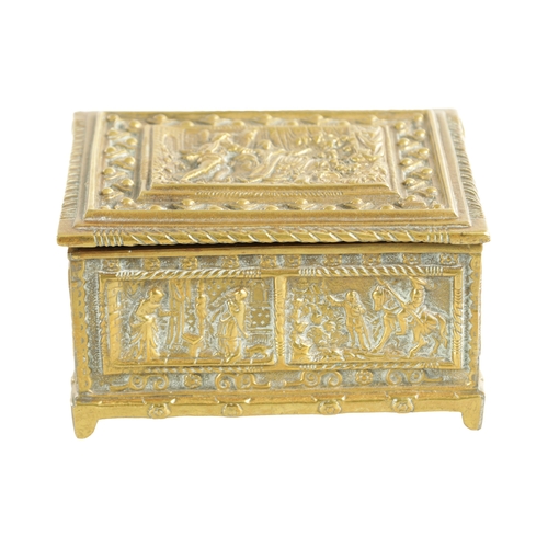 730 - A LATE 19TH CENTURY CONTINENTAL BRASS CASKET with cedar-lined interior and all-round panelled decora... 