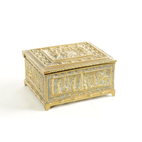 730 - A LATE 19TH CENTURY CONTINENTAL BRASS CASKET with cedar-lined interior and all-round panelled decora... 