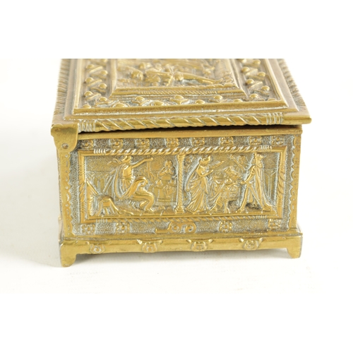 730 - A LATE 19TH CENTURY CONTINENTAL BRASS CASKET with cedar-lined interior and all-round panelled decora... 