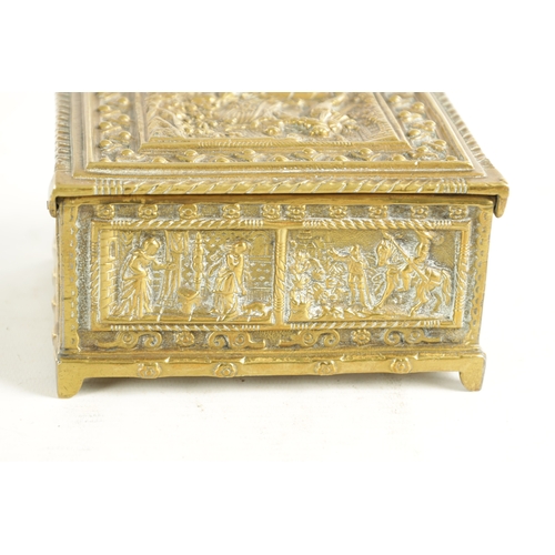 730 - A LATE 19TH CENTURY CONTINENTAL BRASS CASKET with cedar-lined interior and all-round panelled decora... 