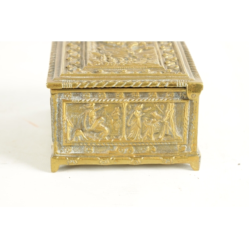 730 - A LATE 19TH CENTURY CONTINENTAL BRASS CASKET with cedar-lined interior and all-round panelled decora... 