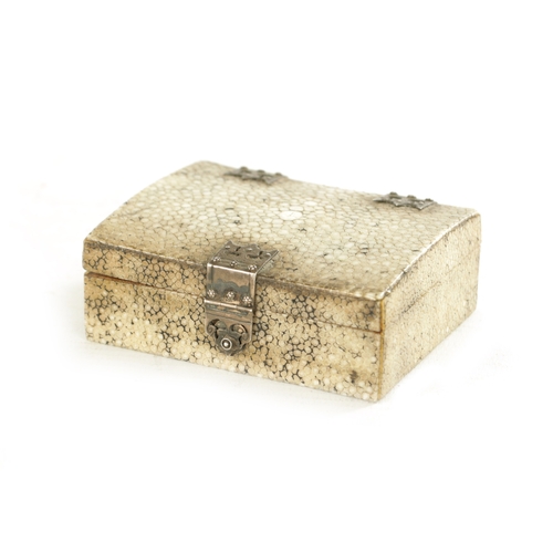 736 - A 19TH CENTURY SHAGREEN AND SILVER LIDDED BOX of rectangular form with pierced hinges and folding cl... 