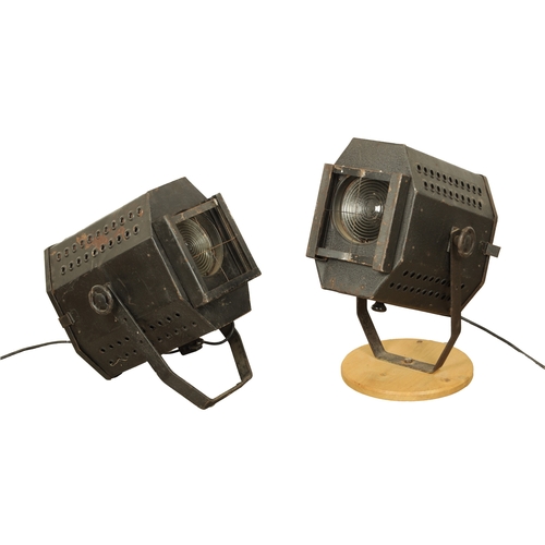 737 - A PAIR OF 1950'S VINTAGE THEATRE SPOTLIGHTS painted black with hinged sides (43cm wide )