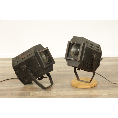 737 - A PAIR OF 1950'S VINTAGE THEATRE SPOTLIGHTS painted black with hinged sides (43cm wide )