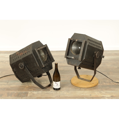 737 - A PAIR OF 1950'S VINTAGE THEATRE SPOTLIGHTS painted black with hinged sides (43cm wide )