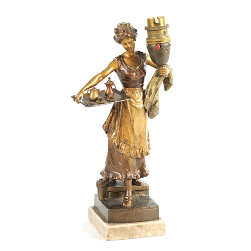 738 - A LATE 19TH CENTURY FRANZ BERGMAN COLD-PAINTED AND GILT BRONZE TABLE LAMP depicting a maiden holding... 