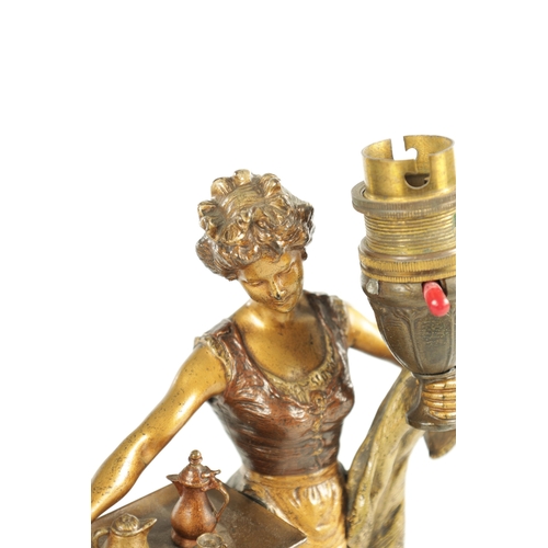 738 - A LATE 19TH CENTURY FRANZ BERGMAN COLD-PAINTED AND GILT BRONZE TABLE LAMP depicting a maiden holding... 