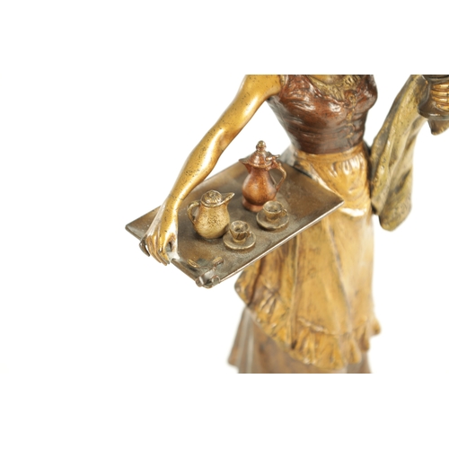 738 - A LATE 19TH CENTURY FRANZ BERGMAN COLD-PAINTED AND GILT BRONZE TABLE LAMP depicting a maiden holding... 