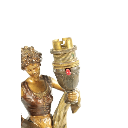 738 - A LATE 19TH CENTURY FRANZ BERGMAN COLD-PAINTED AND GILT BRONZE TABLE LAMP depicting a maiden holding... 