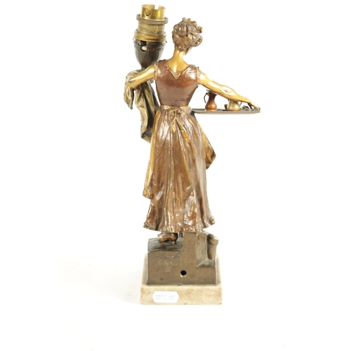 738 - A LATE 19TH CENTURY FRANZ BERGMAN COLD-PAINTED AND GILT BRONZE TABLE LAMP depicting a maiden holding... 