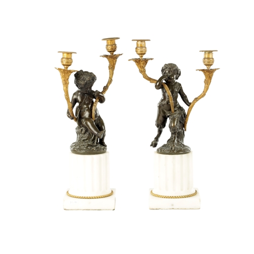 741 - A LARGE PAIR OF LATE 19TH CENTURY FRENCH PATINATED BRONZE, ORMOLU AND WHITE MARBLE CANDELABRA modell... 