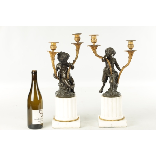 741 - A LARGE PAIR OF LATE 19TH CENTURY FRENCH PATINATED BRONZE, ORMOLU AND WHITE MARBLE CANDELABRA modell... 