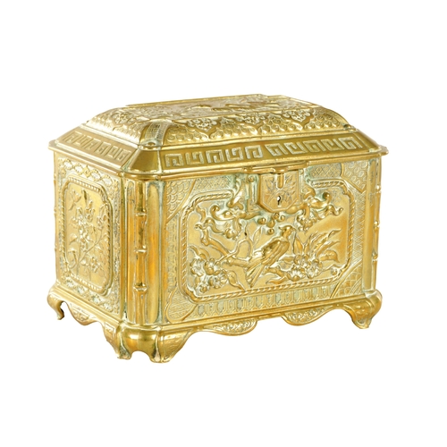 742 - A 19TH CENTURY FRENCH CAST BRASS TABLE CASKET with chinoiserie decorated panels having stamped regis... 