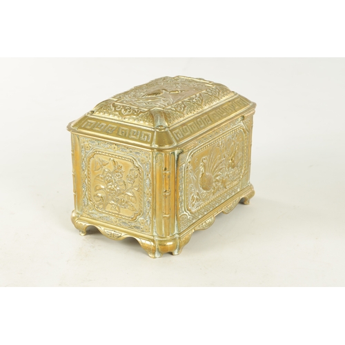 742 - A 19TH CENTURY FRENCH CAST BRASS TABLE CASKET with chinoiserie decorated panels having stamped regis... 