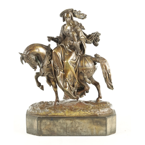 743 - A 19TH CENTURY BRONZE SCULPTURE OF LADY EVERLINE BERENGER hawking on horseback - entitled on black m... 