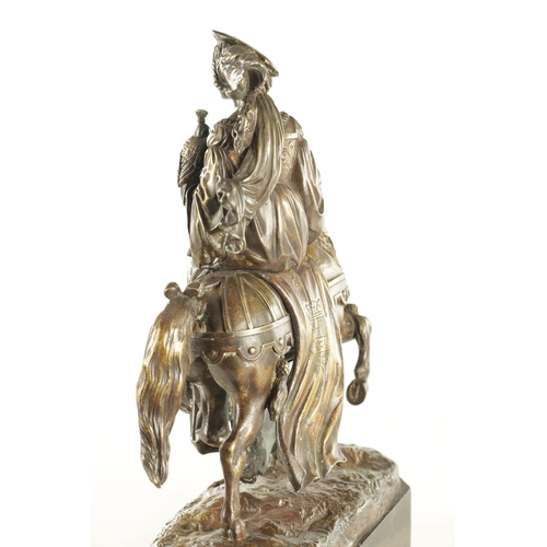 743 - A 19TH CENTURY BRONZE SCULPTURE OF LADY EVERLINE BERENGER hawking on horseback - entitled on black m... 