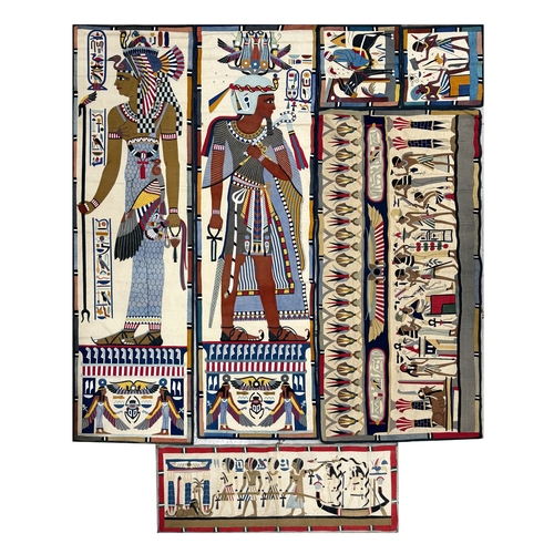 744 - A COLLECTION OF 20TH CENTURY EGYPTIANESQUE ART DECO EMBROIDERED TAPESTRY PANELS brightly coloured wi... 