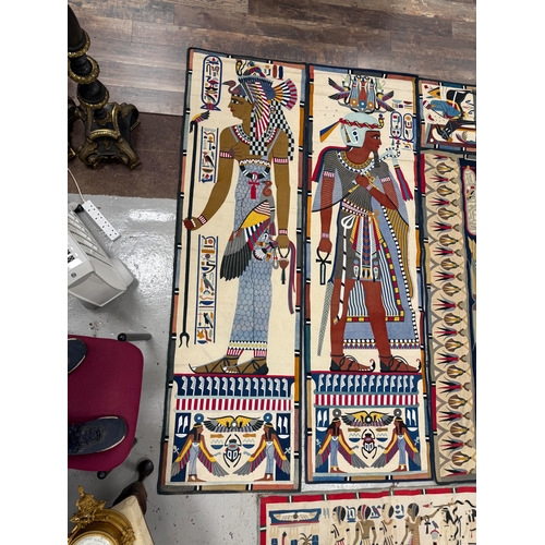 744 - A COLLECTION OF 20TH CENTURY EGYPTIANESQUE ART DECO EMBROIDERED TAPESTRY PANELS brightly coloured wi... 