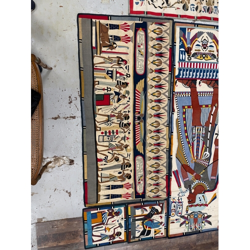 744 - A COLLECTION OF 20TH CENTURY EGYPTIANESQUE ART DECO EMBROIDERED TAPESTRY PANELS brightly coloured wi... 