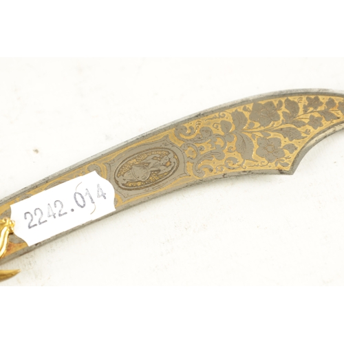 745 - AN EARLY 20TH CENTURY PALAIS ROYAL STEEL AND GOLD ETCHED PAPER KNIFE modelled as a Cretan dagger fin... 