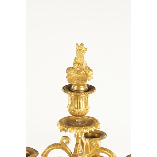 748 - A PAIR OF LATE 19TH CENTURY FRENCH ORMOLU CANDELABRA with five leaf work branches raised on urn-shap... 