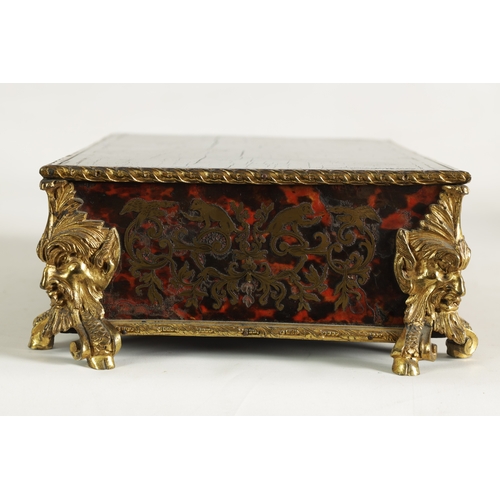 749 - A 19TH CENTURY FRENCH GILT OROMLU AND BRASS INLAID TORTOISESHELL BOULLE TABLE STAND with rope twist ... 