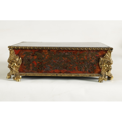 749 - A 19TH CENTURY FRENCH GILT OROMLU AND BRASS INLAID TORTOISESHELL BOULLE TABLE STAND with rope twist ... 