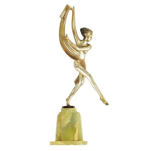 751 - JOSEF LORENZL (1892 - 1950) AN ART DECO SILVERED BRONZE FIGURE OF A DANCING GIRL mounted on an angle... 