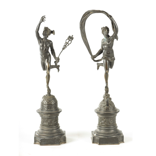 756 - A PAIR OF 19TH CENTURY BRONZE SCULPTURES OF MERCURY AND FORTUNA raised on circular stepped bases. (5... 