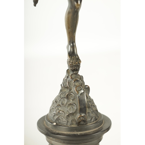 756 - A PAIR OF 19TH CENTURY BRONZE SCULPTURES OF MERCURY AND FORTUNA raised on circular stepped bases. (5... 