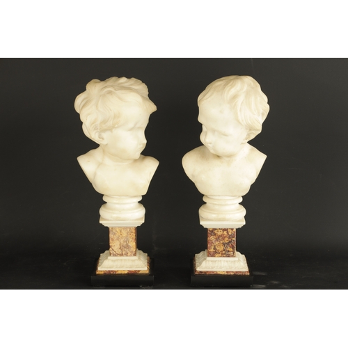 758 - A PAIR OF GEORGE III CARVED WHITE MARBLE BUSTS OF PUTTI raised on marble square plinth bases (38cm h... 