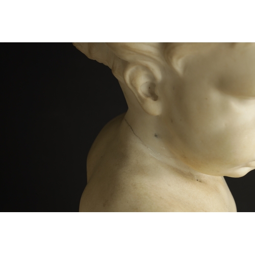 758 - A PAIR OF GEORGE III CARVED WHITE MARBLE BUSTS OF PUTTI raised on marble square plinth bases (38cm h... 