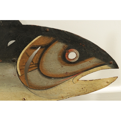 761 - A DECORATIVE 19TH CENTURY PAINTED METAL WEATHER VAINE SAIL MODELLED AS A FISH made in two sections w... 