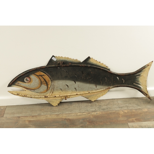 761 - A DECORATIVE 19TH CENTURY PAINTED METAL WEATHER VAINE SAIL MODELLED AS A FISH made in two sections w... 