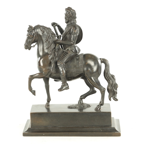 762 - A 19TH CENTURY BRONZE SCULPTURE OF BARTOLOMEO COLLEONI seated on horseback raised on a moulded squar... 