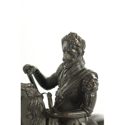 762 - A 19TH CENTURY BRONZE SCULPTURE OF BARTOLOMEO COLLEONI seated on horseback raised on a moulded squar... 