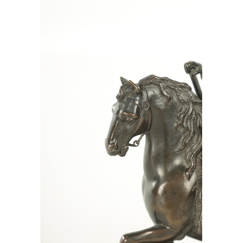 762 - A 19TH CENTURY BRONZE SCULPTURE OF BARTOLOMEO COLLEONI seated on horseback raised on a moulded squar... 