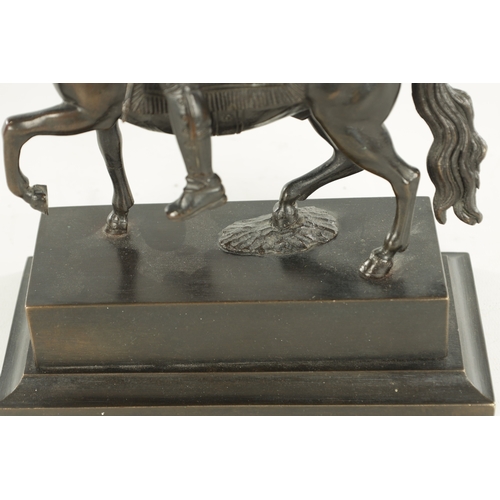 762 - A 19TH CENTURY BRONZE SCULPTURE OF BARTOLOMEO COLLEONI seated on horseback raised on a moulded squar... 