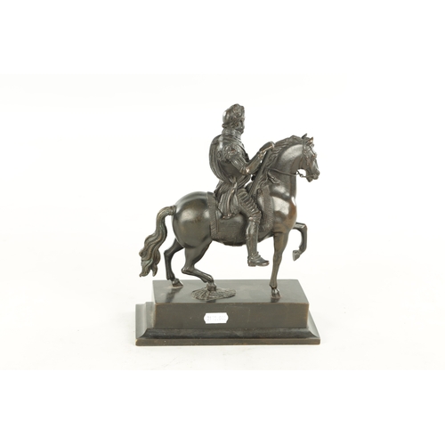 762 - A 19TH CENTURY BRONZE SCULPTURE OF BARTOLOMEO COLLEONI seated on horseback raised on a moulded squar... 