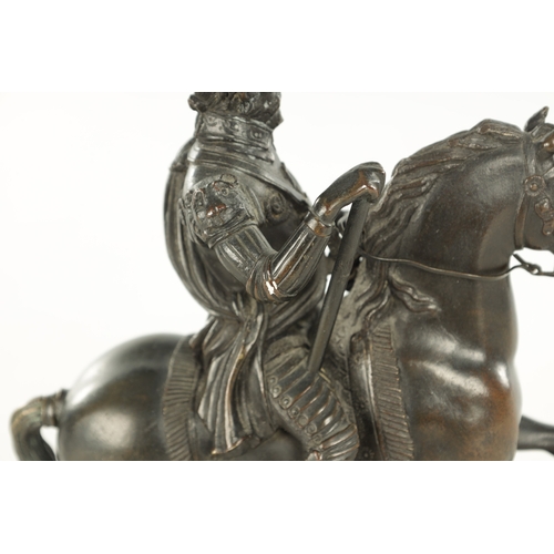 762 - A 19TH CENTURY BRONZE SCULPTURE OF BARTOLOMEO COLLEONI seated on horseback raised on a moulded squar... 