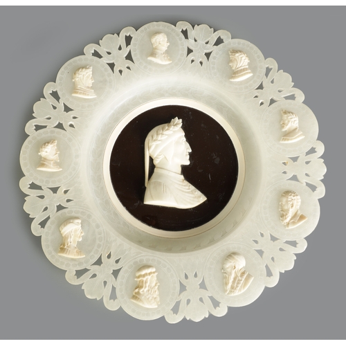 771 - A 19TH CENTURY ‘GRAND TOUR’ ALABASTER CAMEO PORTRAIT PLAQUE depicting subjects from literacy, the sc... 