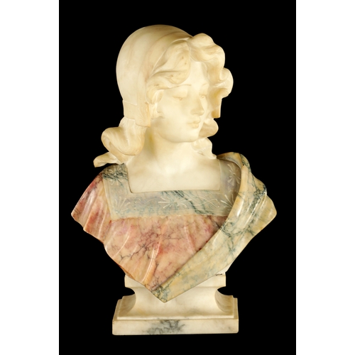 775 - AN ART DECO CARVED MIXED MARBLE BUST OF A YOUNG LADY signed to reverse. (48cm high)