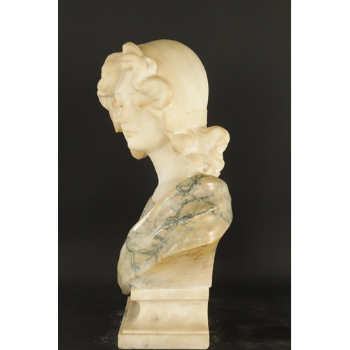 775 - AN ART DECO CARVED MIXED MARBLE BUST OF A YOUNG LADY signed to reverse. (48cm high)