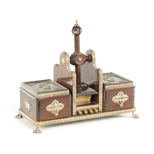 783 - A GOOD 19TH CENTURY ROSEWOOD AND SILVERED BRASS MOUNTED GAMES COMPENDIUM having a central card press... 